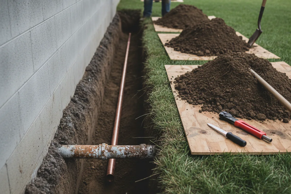 Excavated water line trench during Water Softener Installation in Crete